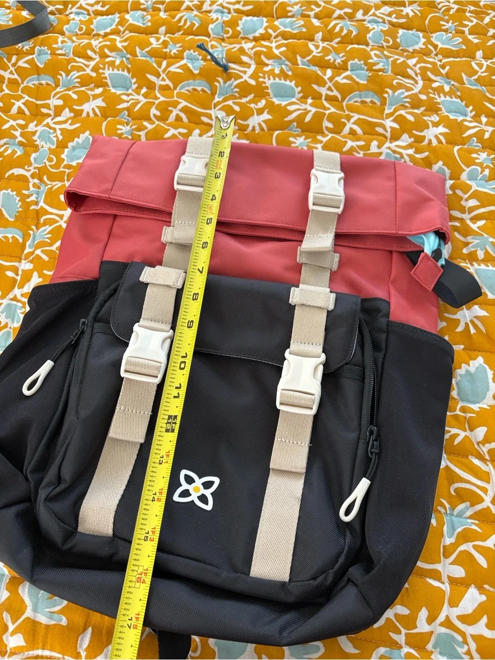 Black and Coral Roll-Top Canvas Backpack with Beige Straps